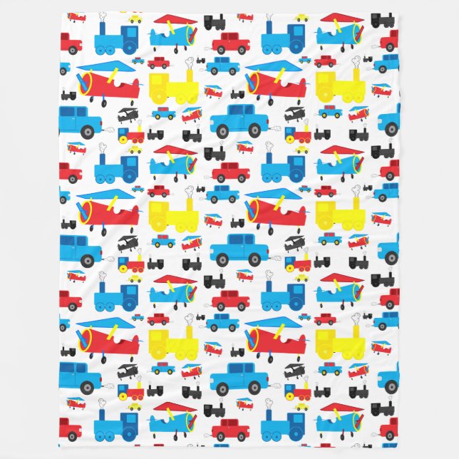 Cute Colourful Planes, Trains and Cars Pattern Fleece Blanket (Front)