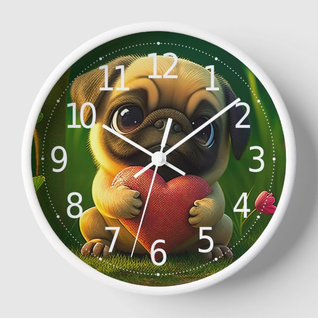 Cute Colourful Pug Dog Puppy Holding a Heart | Clock (Front)