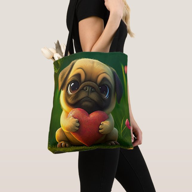 Cute Colourful Pug Dog Puppy Holding a Heart | Tote Bag (Close Up)