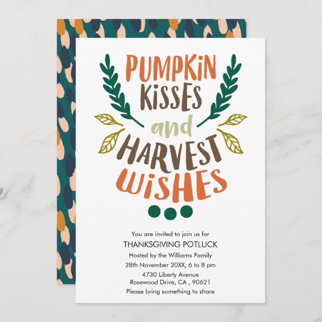 Cute Colourful Pumpkin Kisses Foliage Thanksgiving Invitation (Front/Back)