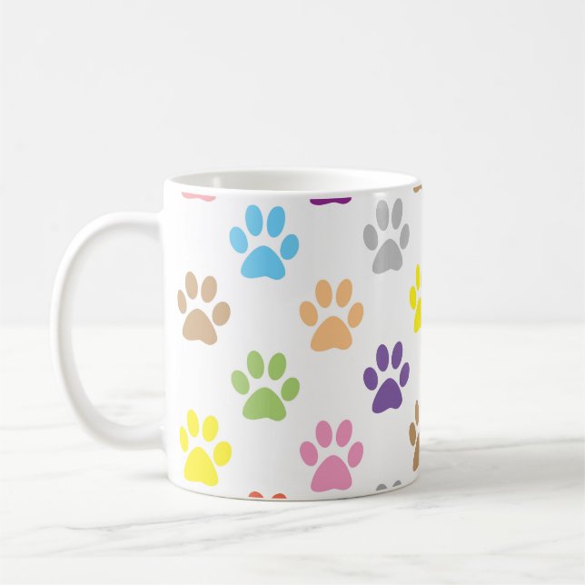 Cute colourful puppy paw prints pattern coffee mug (Left)