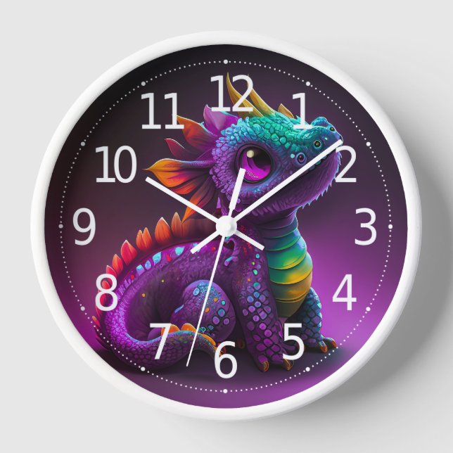 Cute Colourful Purple Dragon Lizard Artwork | Clock (Front)
