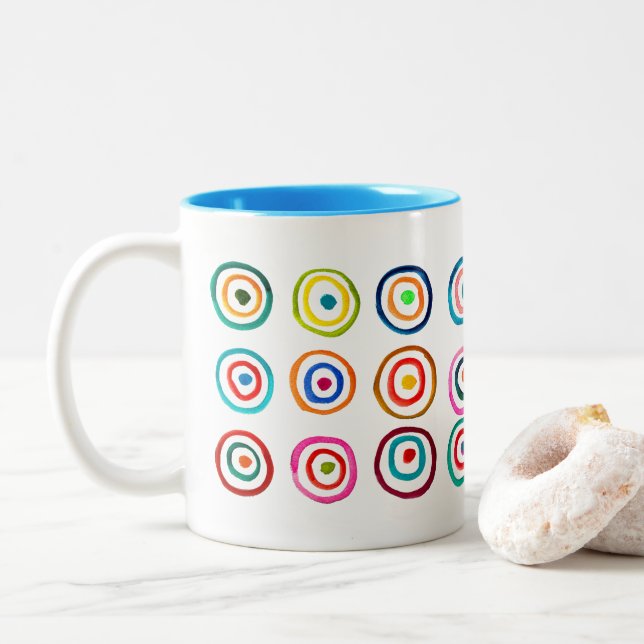 Cute colourful rainbow circles whimsical Two-Tone coffee mug (With Donut)