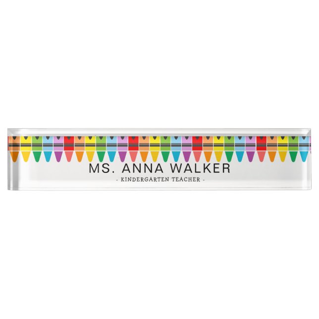 Cute Colourful Rainbow Crayons Kindergarten Teache Nameplate (Front)