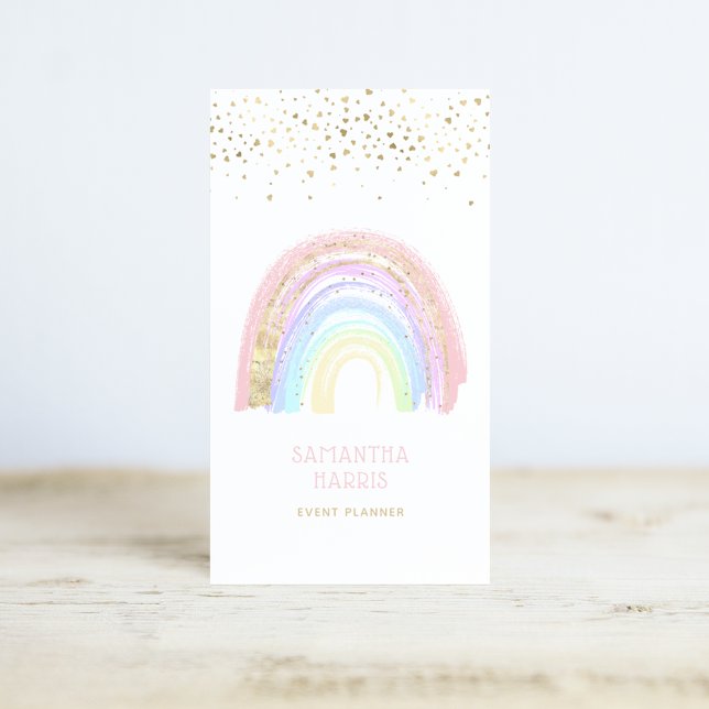 Cute Colourful Rainbow & Gold Heart Confetti Business Card (Creator Uploaded)