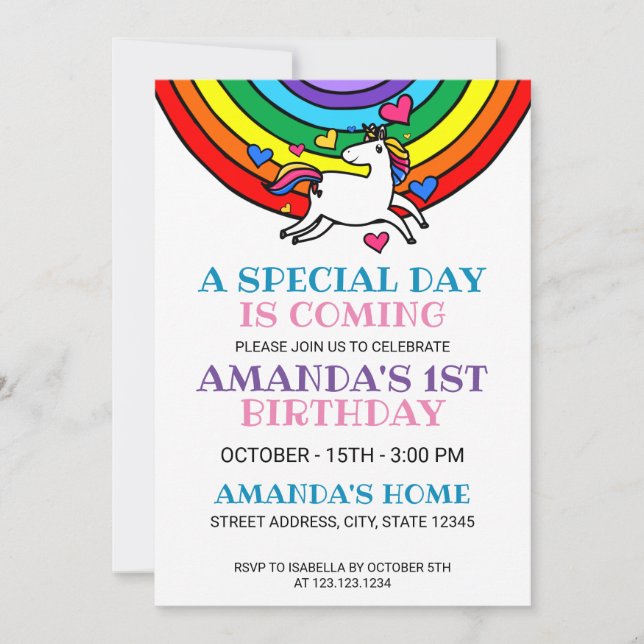 Cute Colourful Rainbow Unicorn 1st Birthday Party Invitation (Front)