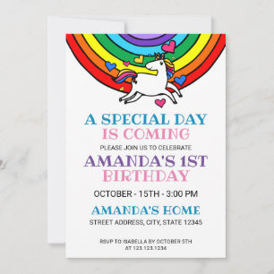 Cute Colourful Rainbow Unicorn 1st Birthday Party Invitation