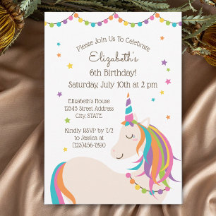 Cute Colourful Rainbow Unicorn Kids Birthday Party Invitation