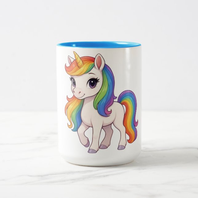 Cute, Colourful Rainbow unicorn  Two-Tone Coffee Mug (Center)