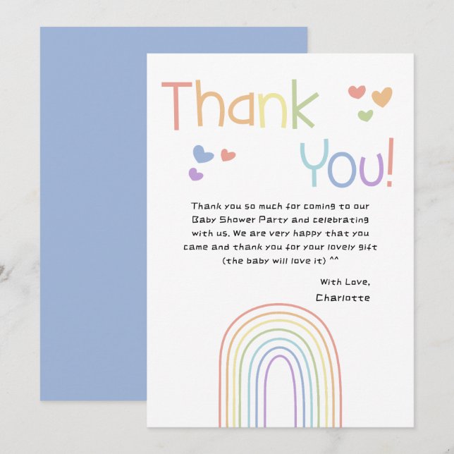 Cute Colourful Rainbow with Hearts Baby Shower Thank You Card (Front/Back)