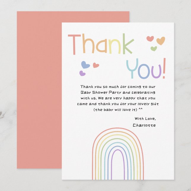 Cute Colourful Rainbow with Hearts Baby Shower Thank You Card (Front/Back)
