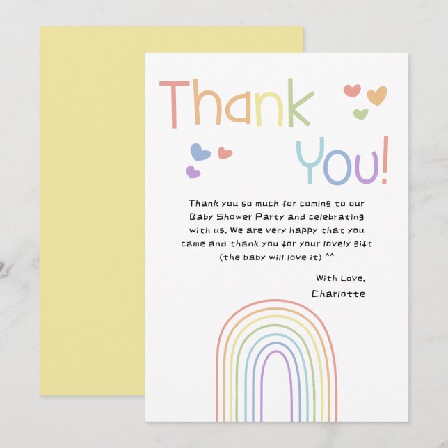 Cute Colourful Rainbow with Hearts Baby Shower Thank You Card (Front/Back)