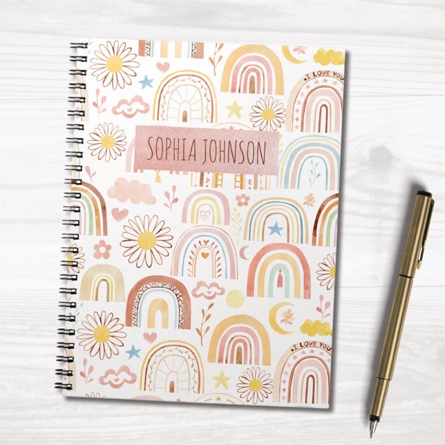 Cute Colourful Rainbows and Daisy Abstract Kids Notebook (In situ)