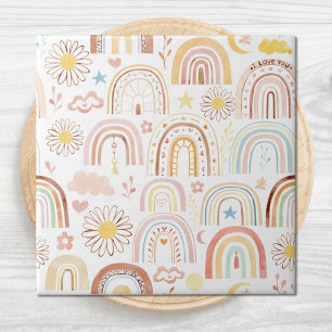 Cute Colourful Rainbows and Daisy Flowers Abstract Ceramic Tile