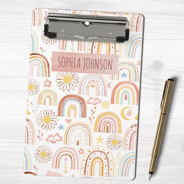 Cute Colourful Rainbows and Daisy Flowers Abstract Mini Clipboard (In situ)