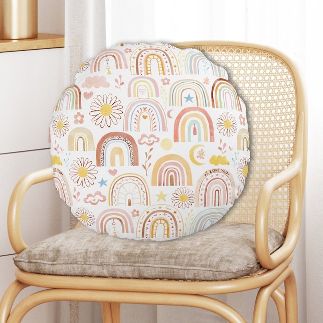 Cute Colourful Rainbows and Daisy Flowers Abstract Round Cushion (In situ)