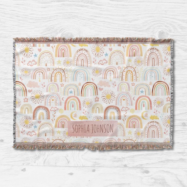 Cute Colourful Rainbows and Daisy Flowers Abstract Throw Blanket (Close up)