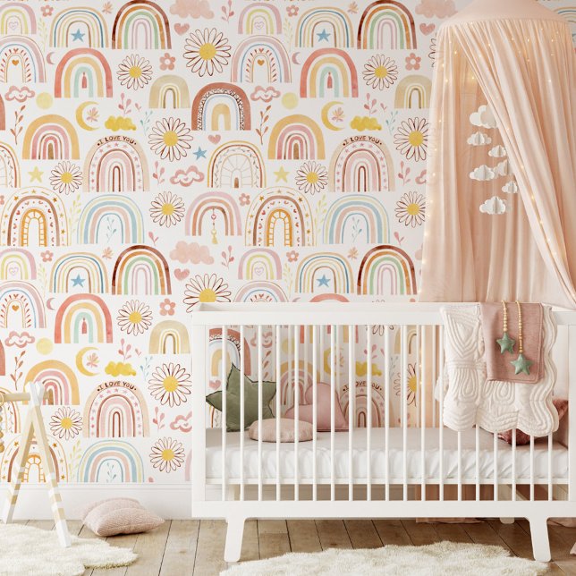 Cute Colourful Rainbows and Daisy Flowers Abstract Wallpaper (In situ)
