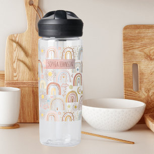 Cute Colourful Rainbows and Daisy Flowers Abstract Water Bottle