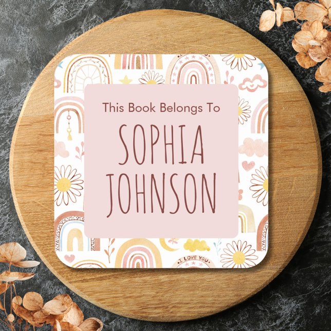 Cute Colourful Rainbows and Daisy Flowers Bookplat Square Sticker (Close up)