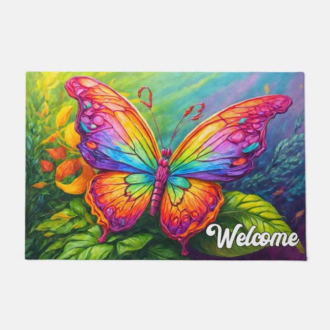 Cute Colourful Retro Butterfly Art Doormat (Front)