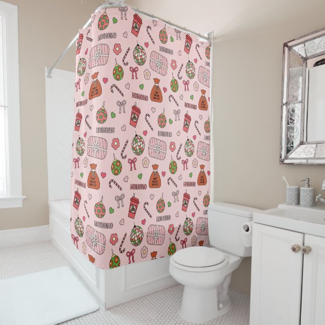 Cute Colourful Retro Christmas Pink Shower Curtain (In Situ)