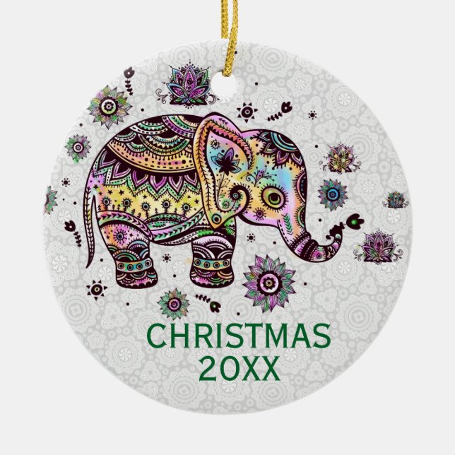 Cute Colourful Retro Floral Elephant Illustration Ceramic Ornament (Front)