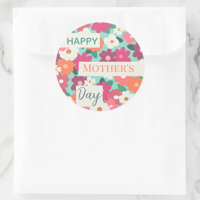  Cute Colourful Retro Floral / Mother's Day      Classic Round Sticker (Bag)