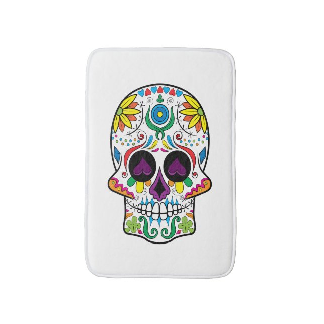 Cute Colourful Retro Floral Sugar Skull Bath Mat (Front Vertical)