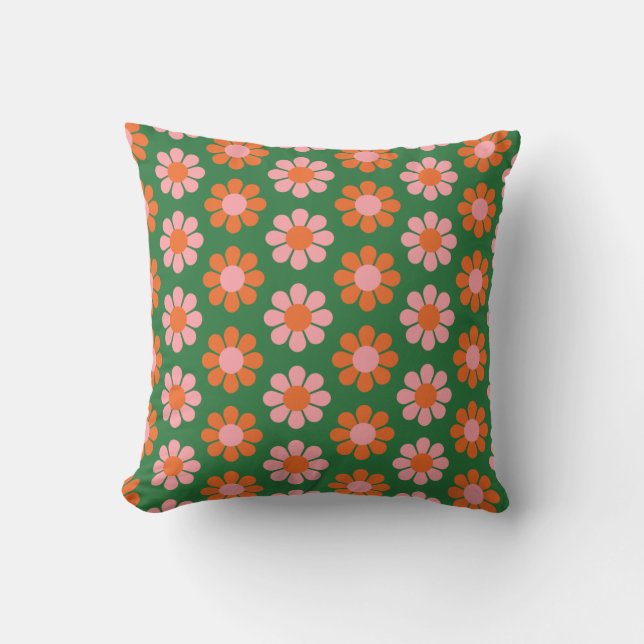 Cute Colourful Retro Flower Pattern Green and Pink Cushion (Front)