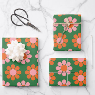 Cute Colourful Retro Flower Pattern Green and Pink Wrapping Paper Sheet