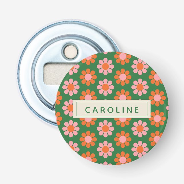 Cute Colourful Retro Flower Pattern Green Pink Nam Bottle Opener (Front)
