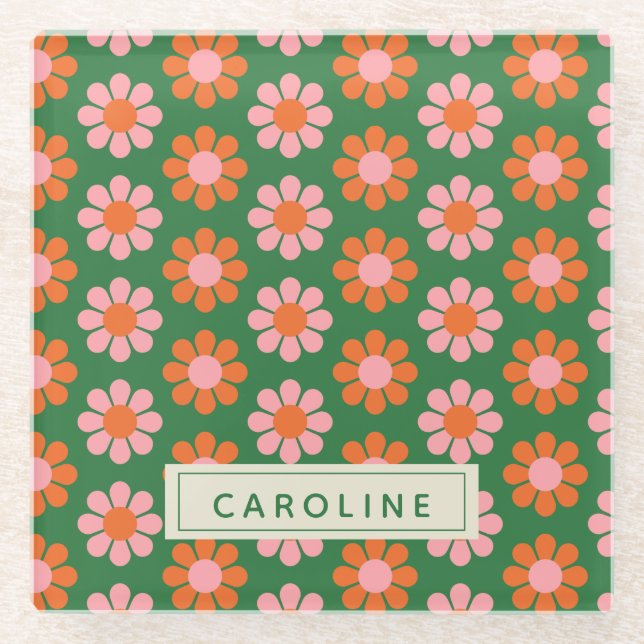 Cute Colourful Retro Flower Pattern Green Pink Nam Glass Coaster (Front)
