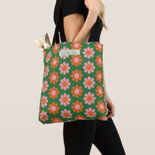 Cute Colourful Retro Flower Pattern Green Pink Nam Tote Bag