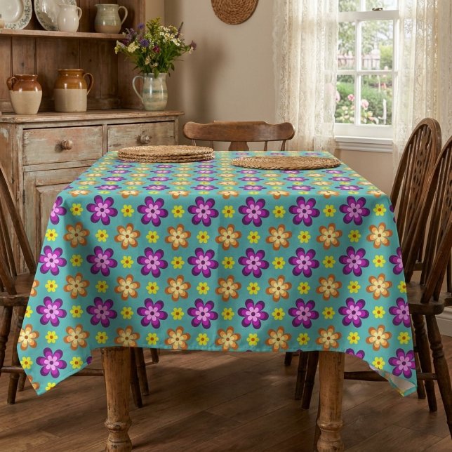 Cute Colourful Retro Flowers Medium Tablecloth (Cute Colorful Retro Flowers Medium Tablecloth covering a table in a cottagecore style dining room.)