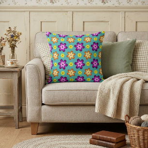 Cute Colourful Retro Flowers Throw Pillow