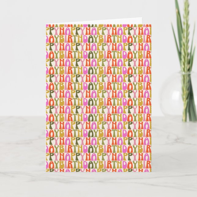 Cute Colourful Retro Happy Birthday Text Pattern  Card (Front)