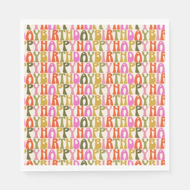 Cute Colourful Retro Happy Birthday Text Pattern  Napkin (Front)