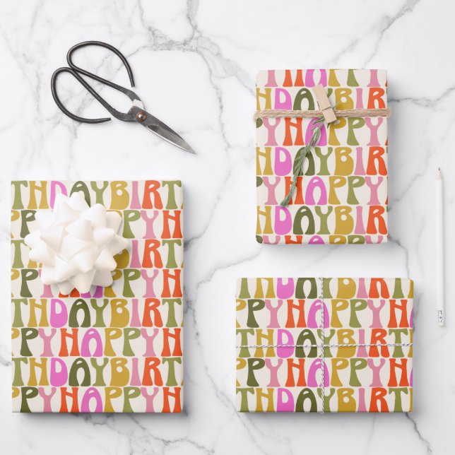 Cute Colourful Retro Happy Birthday Text Pattern Wrapping Paper Sheet (Front)