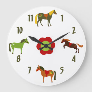 Cute Colourful Retro Ponies and Flower Horse Large Clock