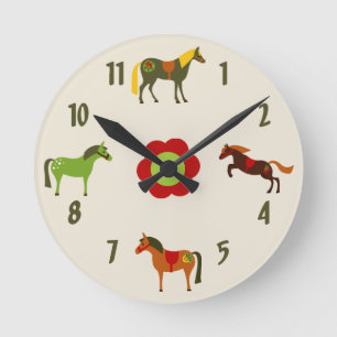 Cute Colourful Retro Ponies and Flower Horse Round Clock