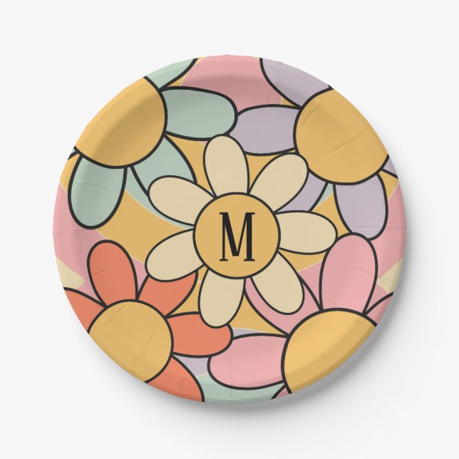Cute colourful retro style daisy flowers paper plate (Front)