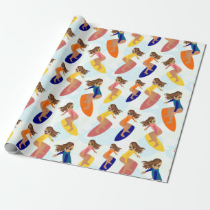 Cute Colourful Retro Summer Surfer Girl Pattern Wrapping Paper