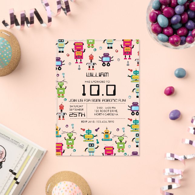 Cute Colourful Robot Kids Robots Birthday Party Acrylic Invitations (Insitu (Celebration))