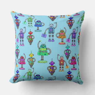 Cute colourful robots on blue background cushion