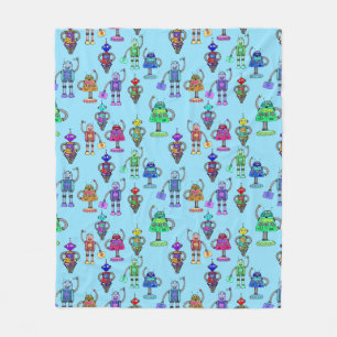 Cute colourful robots on blue background fleece blanket