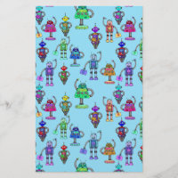 Cute colourful robots on blue background