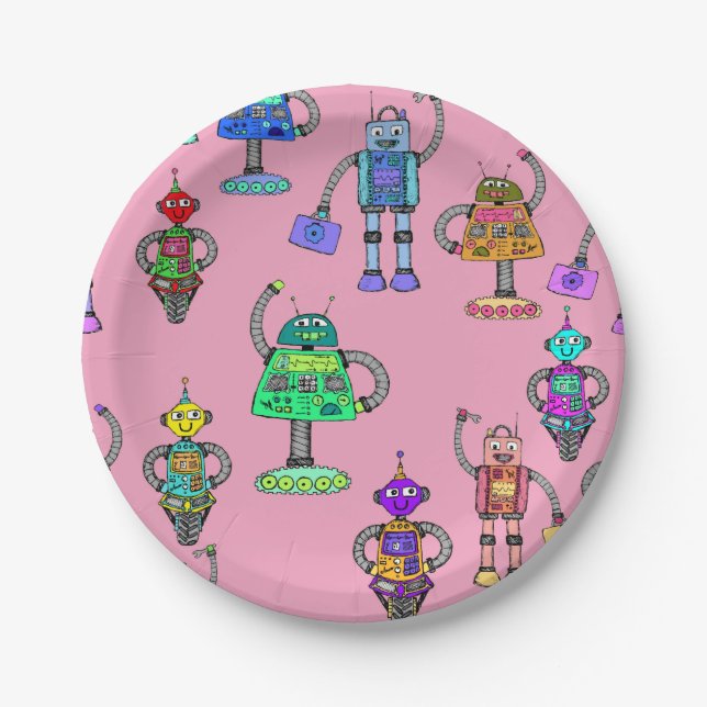 Cute colourful robots on pink background paper plate (Front)