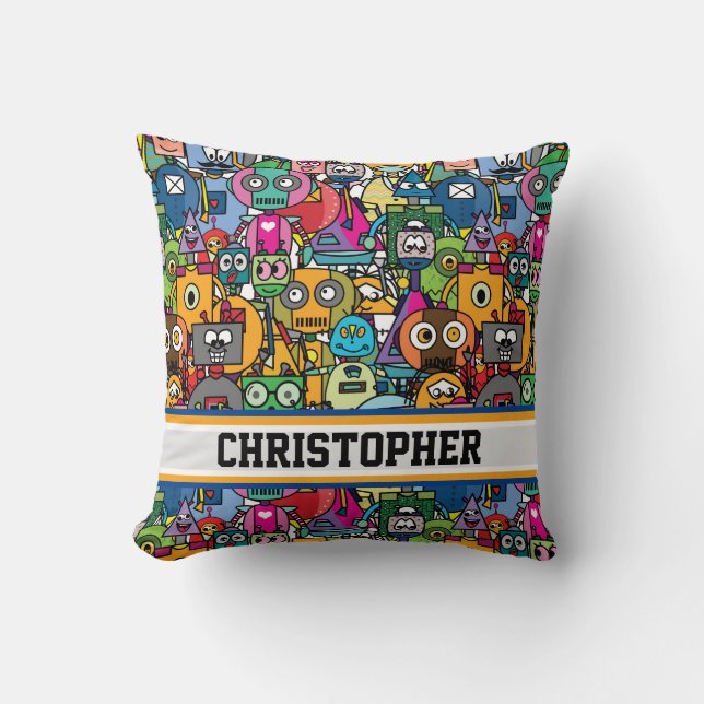 🤖Cute colourful robots with custom name Cushion (Front)