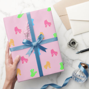 Cute Colourful Roller Skates Derby Pattern Pink Wrapping Paper